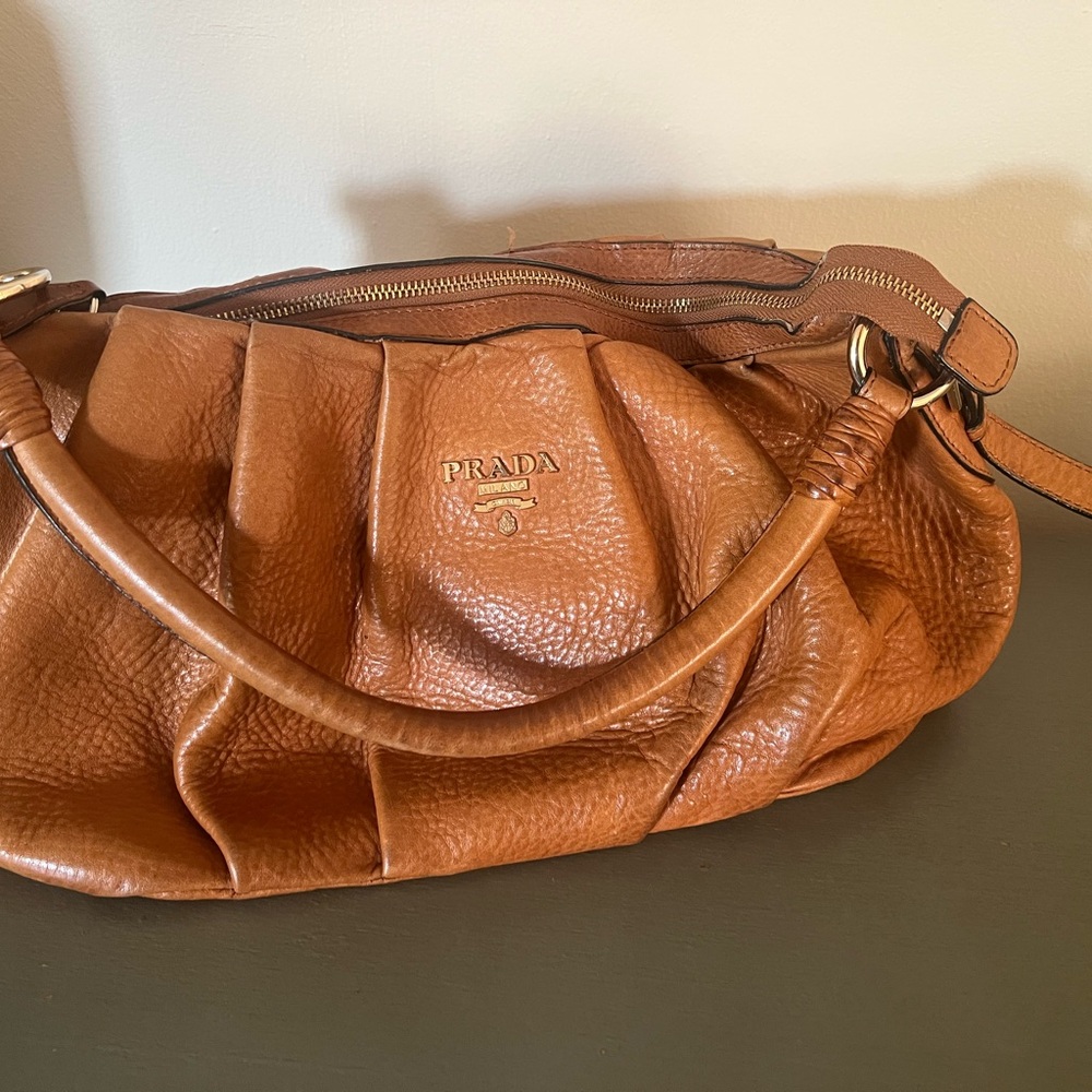 Prada Tan Leather Shoulder Bag with Slouchy Design